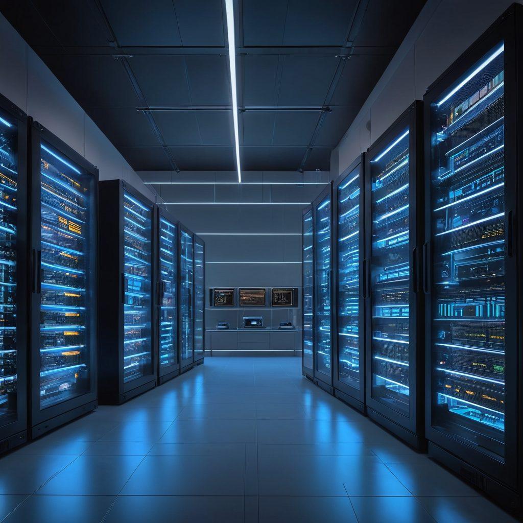 A modern, state-of-the-art server room with neatly organized racks of servers, glowing LED indicators, and neatly managed cables. IT professionals in the foreground are analyzing data on multiple digital screens, showcasing network topology and security metrics. The background includes a sleek cityscape through glass windows, symbolizing connectivity and communication. super-realistic. vibrant colors.