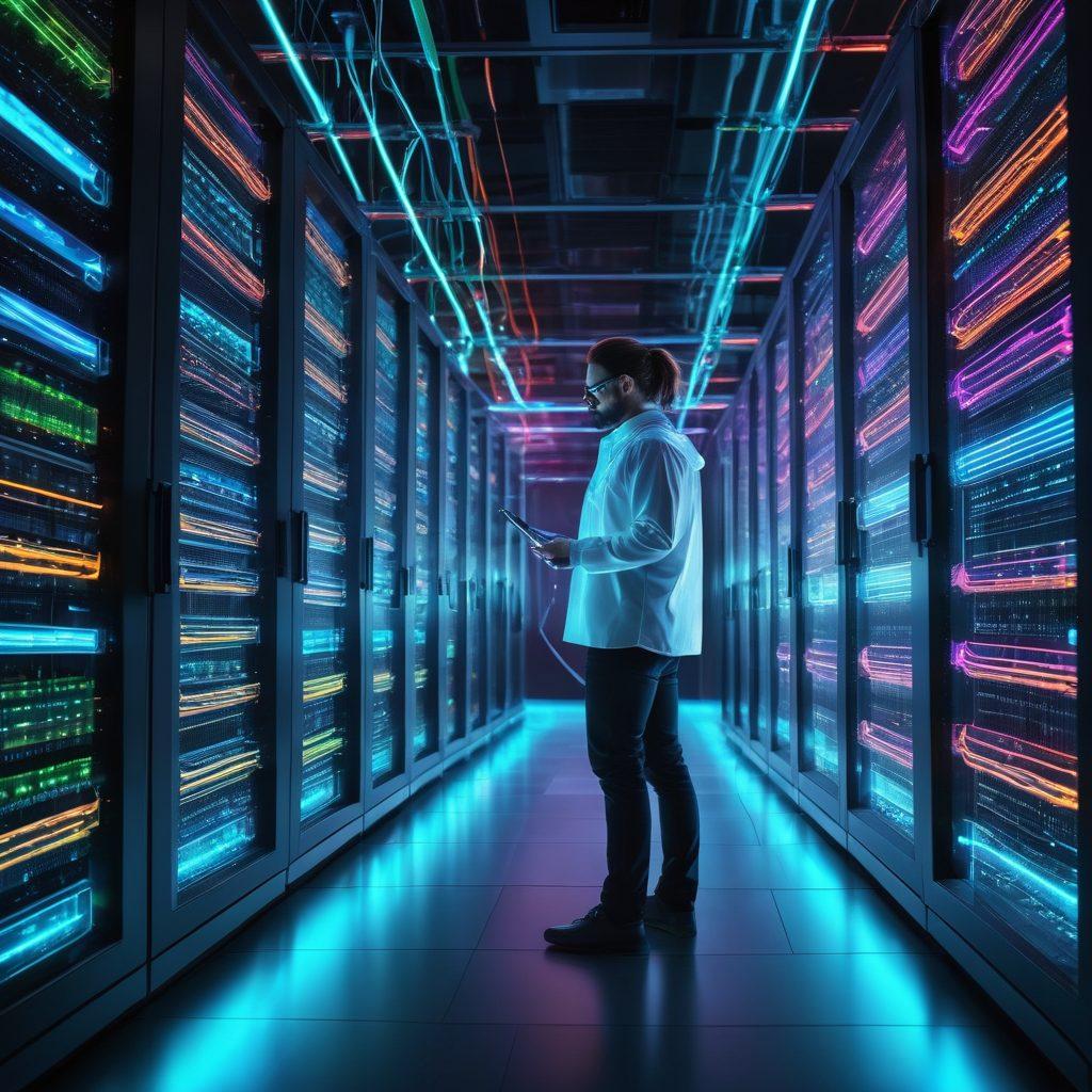 A futuristic data center with sleek racks of servers neatly organized, intersecting streams of digital data and holographic cloud icons floating above. A technician adjusting cables, symbolizing optimization, with glowing pathways and vibrant colors. 3D. super-realistic. vibrant colors.